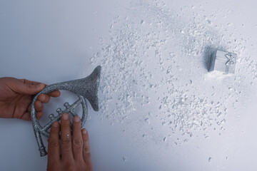 It's time for holiday and Christmas presents. Minimal concept-empty space. Snow-white background.