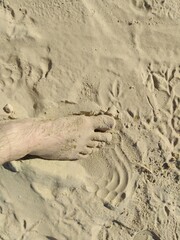 Human foot in deep on the sand.
A man's bare foot is standing on the coastal sand. The foot left a mark in the sand.