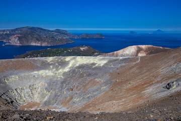 Aeolian Islands, Volcano (Vulcano Island), lava rocks, craterand sulfur haze.