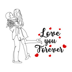 Continuous one line drawing Beautiful romantic couple . Modern brush calligraphy. Hand drawn lettering love you forever. Perfect for greeting cards, party invitations, posters, stickers. Valentine day