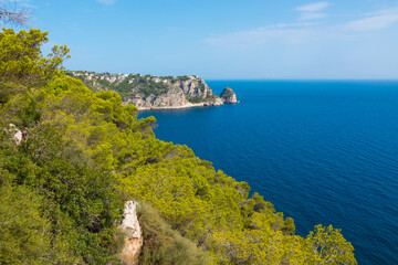 Beautiful mediterranean coast with cliff and forest. Paradise view. Xabia, Alicante province, Valencian community, Spain.