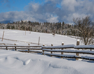Alpine mountain snowy winter fir forest and snow drifts near wood fence on secondary countryside...