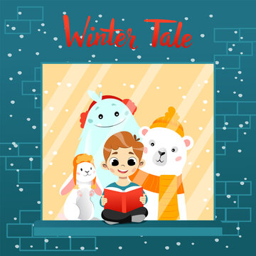 Teenage Boy Reading Fairytale Book While Sitting On Windowsill. Colourful Wintertime Scene Vector Illustration In Cartoon Flat Style. Happy Smiling Fantasy Characters Behind Child Looking In Book