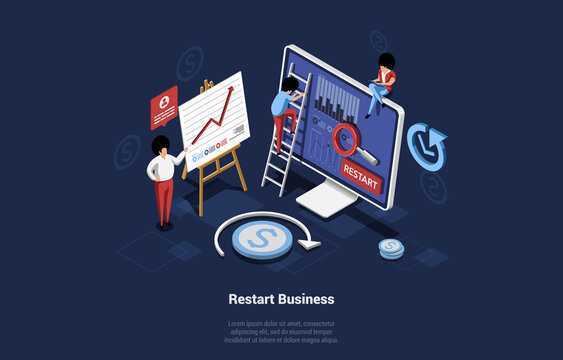 Vector Illustration In Cartoon 3D Style Of Business Restarting Concept. Isometric Composition With Infographics On Dark Background. Office Team Characters Working At Computer And Relaunching Company