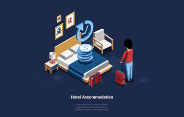 Hotel Accommodation Service Concept Vector Illustration In Cartoon 3D Style. Isometric Composition Of Man Character Standing With Suitcases Near Bed In Daily Rented Living Room. Dark Background, Text - Powered by Adobe