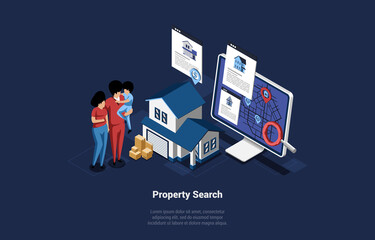 Family Of Three Members On Property For Sale Search. Mother, Father And Son Standing Near House, Big Computer Monitor With Map And GPS On Screen. Vector Isometric Illustration In Cartoon 3D Style