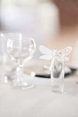 Table set for an event party or wedding reception.