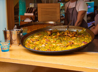 Typical Spanish cafe in Valencia serving paella.