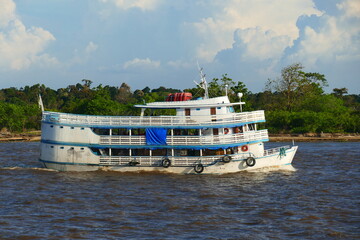 Typical amazon boat on the Amazon river between the cities of Santarém and Manaus, Brazil
