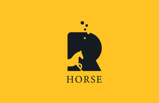 R yellow black horse alphabet letter logo icon with stallion shape inside. Creative design for business and company