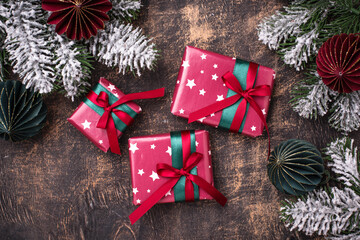 Christmas gift boxes in red paper