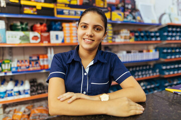 Young latin woman working in hardware store - obrazy, fototapety, plakaty