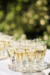Glasses of champagne on a silver tray at a family celebration