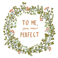 To me you are perfect motivation inspirational hand written phrase in a wild herbs and flowers floral wreath in digital watercolor. Moderm calligraphy