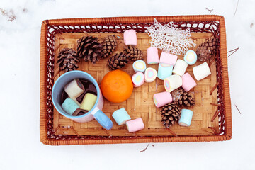 
cocoa with marshmallows on a winter picnic in a mug and on a tray