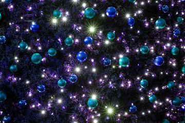 Christmas tree lights garland lamps background festive view with toy glass balls decoration objects