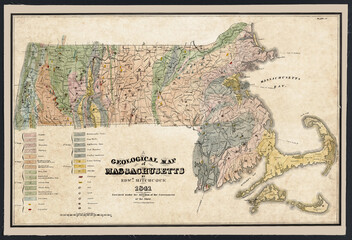 Massachusetts Geological Map 1841  This is an enhanced, restored reproduction of an old scientific map of Massachusetts dated 1841. Shows the mineral deposits in the state of Massachusetts. 
