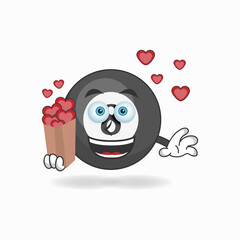 Billiard ball mascot character holding a love icon. vector illustration
