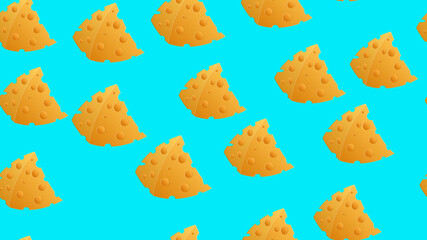 cheese on a blue background, vector illustration, pattern. an appetizing triangular slice of cheese with holes. seamless illustration, wallpaper, stylish decor
