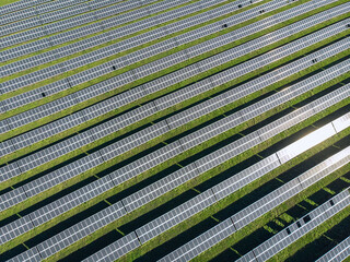 Top view of solar panels in a row. Huge solar panels under the sun