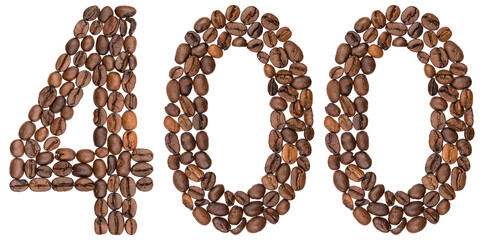 Arabic numeral 400, four hundred, from coffee beans, isolated on white background