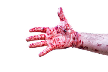 Hand in latex gloves with blood. The bloody hand isolated on white background. Social violence and...