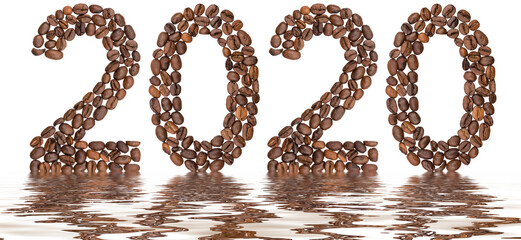 Numeral 2020 from coffee beans, reflection in water,  isolated on white background