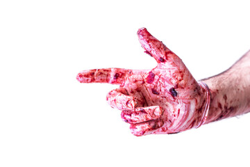 Pointing hand in in latex glove with blood. The bloody hand isolated on white background. Social...