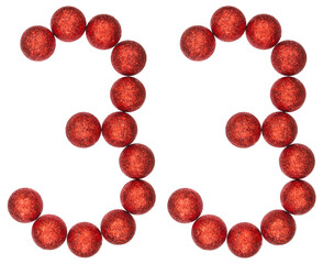 Numeral 33, thirty three, from decorative balls, isolated on white background