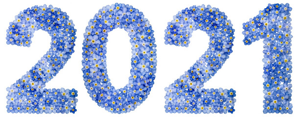 Numeral 2021 from blue forget-me-not flowers, isolated on white background