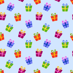 Seamless pattern with bright gift boxes. Color packaging with ribbon and bow in flat style. A holiday gifts endless texture for wrapping paper, textile, wallpaper, fabric. Cartoon vector illustration.