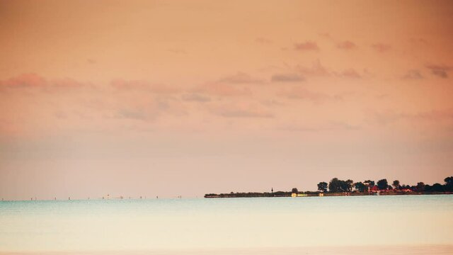 Seascape at evening. Baltic Sea, Puck Bay with Rewa village on horizin, Poland. Nature landscape.