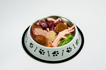 Healthy natural raw dog food in bowl on white background. Raw beef meat and offal, chicken feet, duck hearts, green vegetables and food supplements.