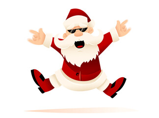 Cool Christmas Santa Claus Dancing Party. Funny cartoon character for holiday celebration. Stock. Isolated on white transparent background. Vector illustration.