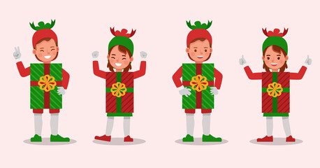 Set of kids boy and girl wearing christmas gift box costumes character vector design. Presentation in various action with emotions. no2