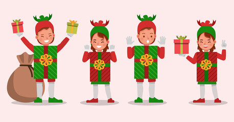 Set of kids boy and girl wearing christmas gift box costumes character vector design. Presentation in various action with emotions.