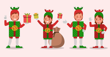 Set of kids boy and girl wearing christmas gift box costumes character vector design. Presentation in various action with emotions. no5