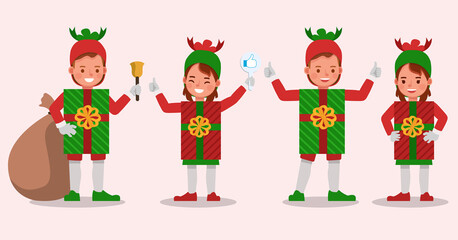 Set of kids boy and girl wearing christmas gift box costumes character vector design. Presentation in various action with emotions. no7