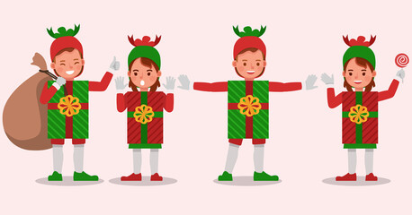 Set of kids boy and girl wearing christmas gift box costumes character vector design. Presentation in various action with emotions. no8