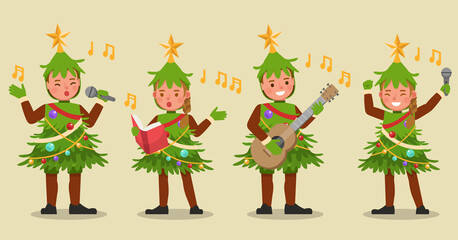 Set of kids boy and girl wearing Christmas tree costumes character vector design. Presentation in various action with emotions. no11