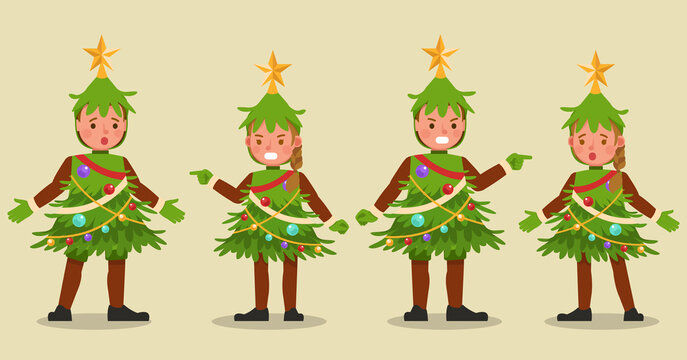 Set of kids boy and girl wearing Christmas tree costumes character vector design. Presentation in various action with emotions. no14