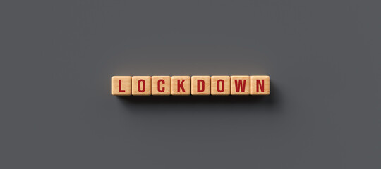 wooden cubes with the message LOCKDOWN on grey-blue background
