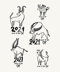 Year of the Ox 2021. Set of vector templates for New Year's design. Linear sketch illustration. Lunar calendar, constellation bull. Chinese New Year.
