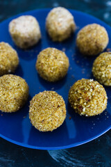 plant-based food, homemade fried vegan pesto risotto balls arancini
