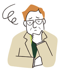 手描き線画イラストカラー　悩むスーツの中年男性
