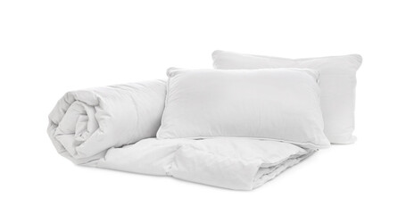 Soft blanket with pillows on white background