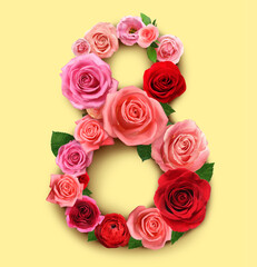 International women's day. Number 8 made of beautiful flowers on pale yellow background, top view