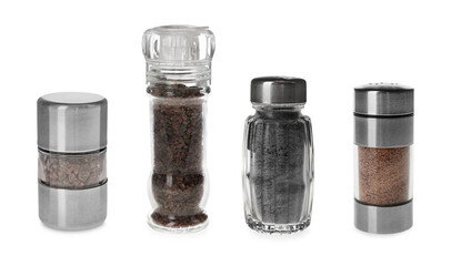Set of shakers with black salt isolated on white
