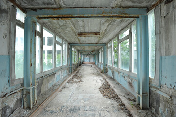 Hallway in dental clinic in abandoned plant Jupiter in Chernobyl zone
