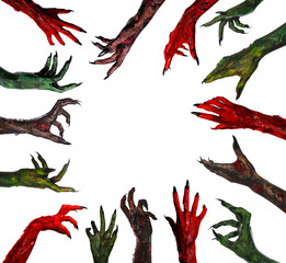 Collage with photos of scary monsters on white background, closeup. Halloween character